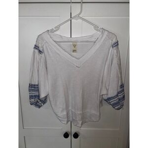 Free People White Waffle Knit Embroidered Sleeve V Neck Cropped Top XS